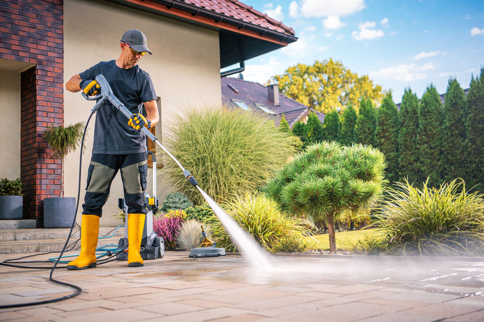 A Man Power Washing a Patio on a Sunny Day in a Well-Maintained Garden